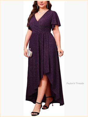 Plus Size Sparkly Glitter Formal Maxi A-Line Dress Wrap V-Neck Ruffle Sleeve
